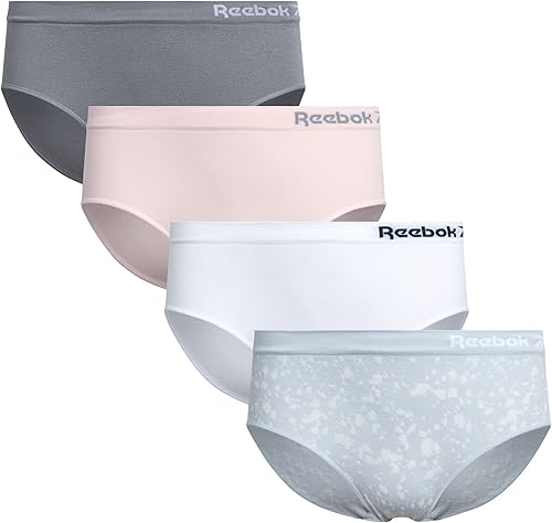 Reebok Girls Underwear Hipster Panties - 4 Pack Soft Seamless Stretch Performance Briefs Underwear for Girls (Sizes 6-16)