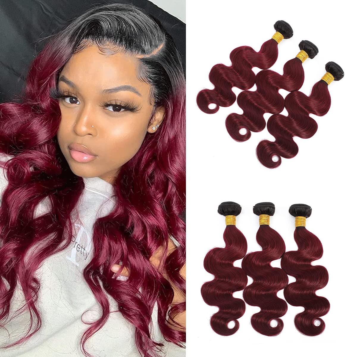 Burgundy Human Hair Bundles Red Ombre Tow Tone Dark Roots To 99j Brazilian Body Wave Wet And Wavy 26 28 30 inch, 1b99j 3 Bundle T1B/99J Two Tone Color Bundles Body Wave Hair Extension (10 12 14)