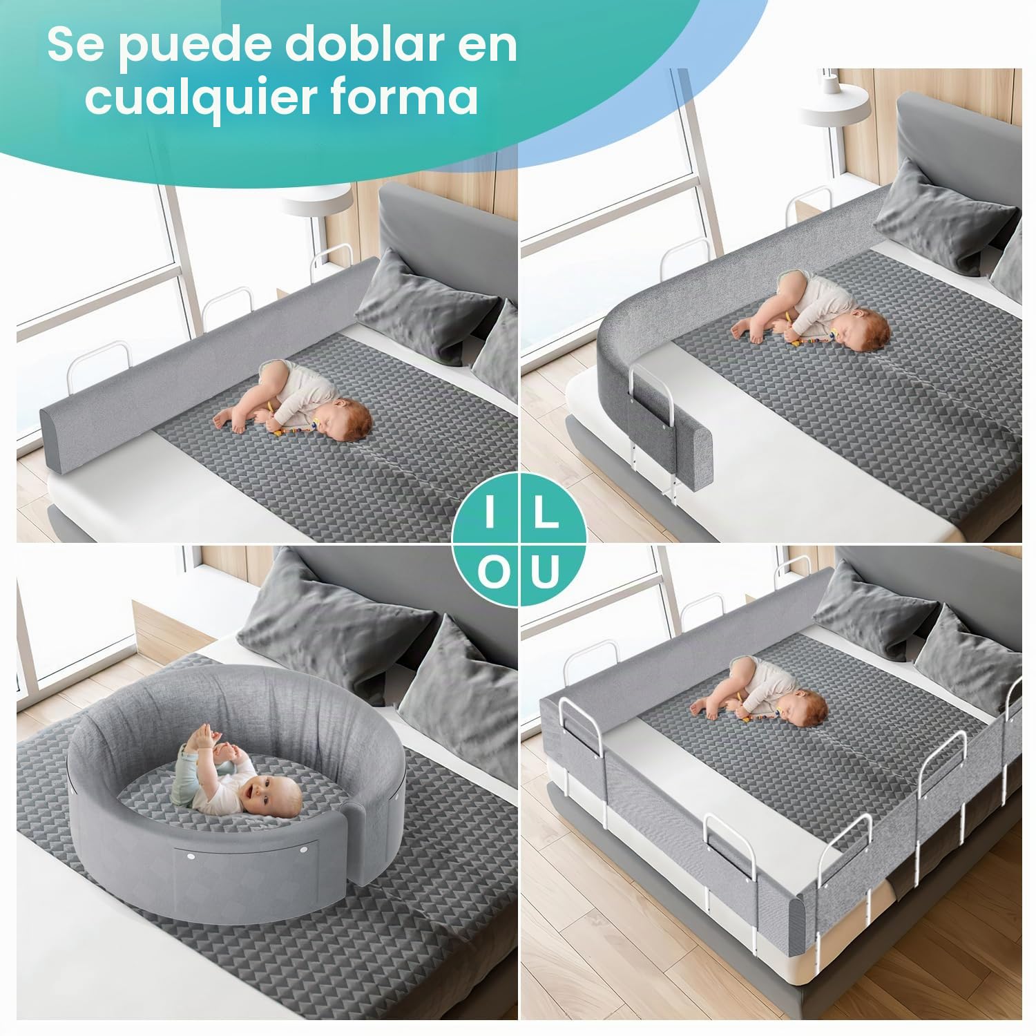 Barrera de cama 200cm Protector de cama barandilla anticaídas cama para niños deformable protección bordes de cama altura ajustable barandilla de seguridad cama con somier barandilla cama