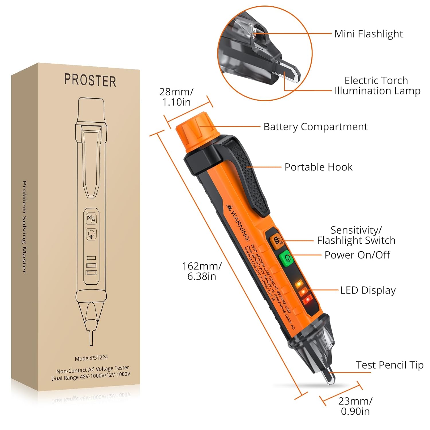 Diagram showing the battery compartment location on the Proster PST224 voltage detector.