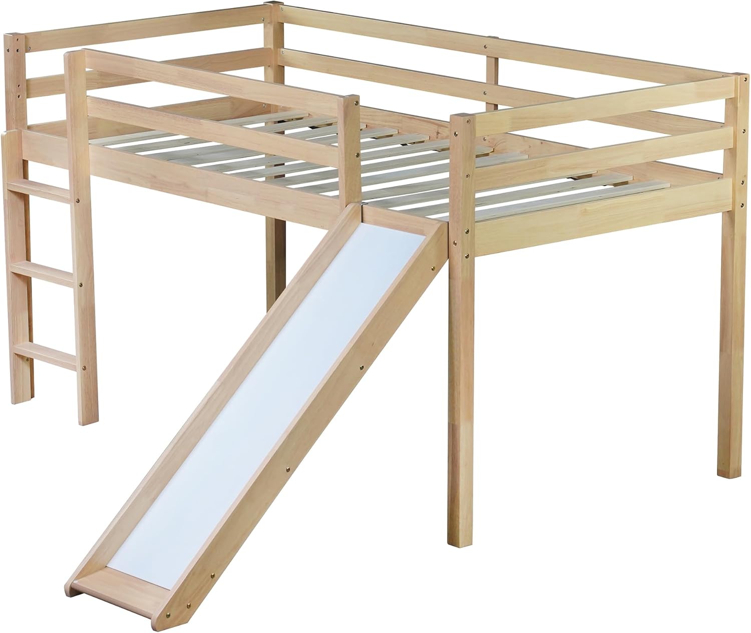 Bellemave Twin Size Low Loft Bed Frame with Slide and Guardrails,Kids Loft Bed with Ladder,Rubber Wood Low Loft Bed Twin Size for Girls Boys,Natural
