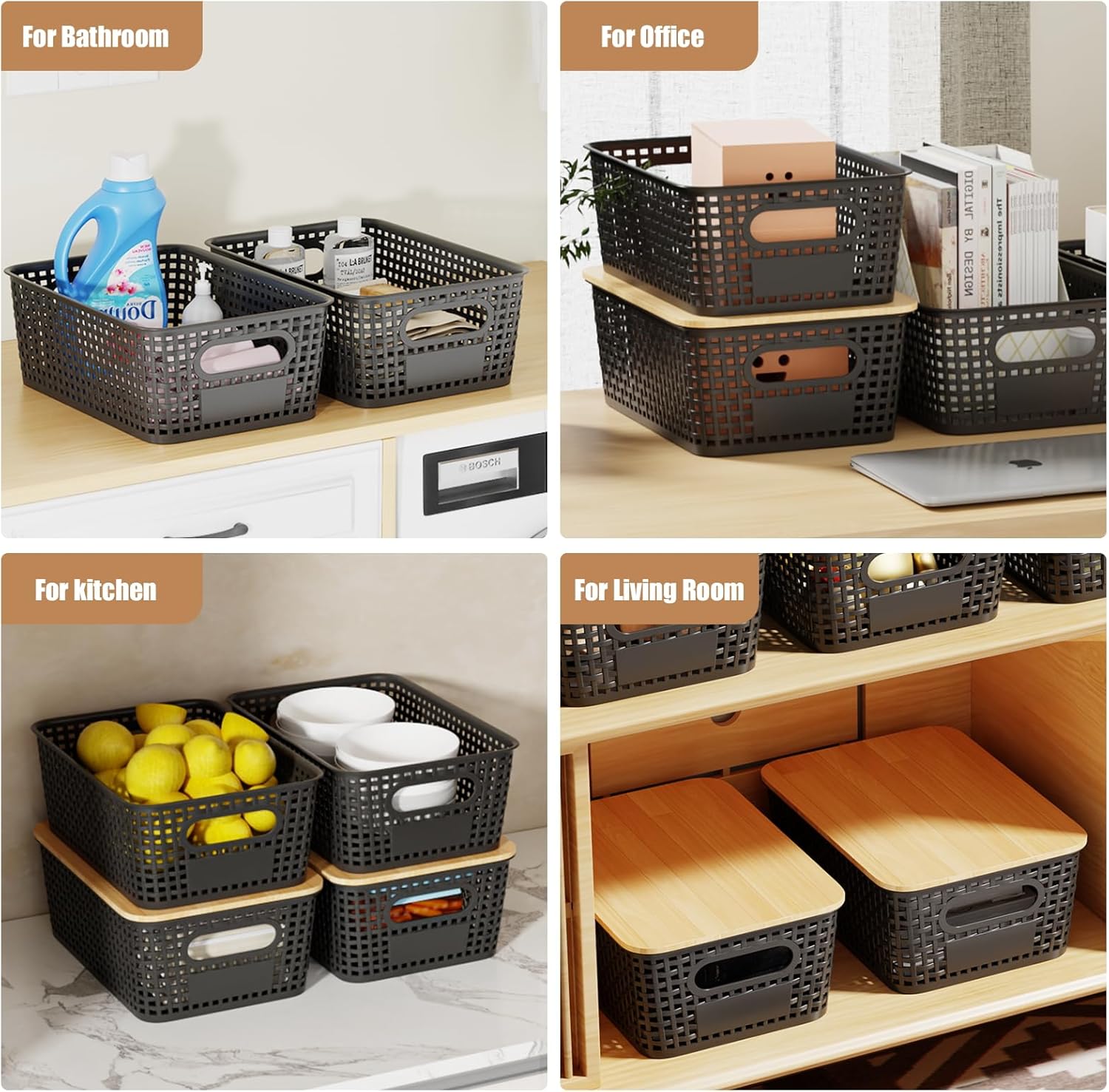 8 PCS Plastic Storage Bins with Bamboo Lid, Stackable Storage Baskets with Lids & Labels for Organizing, Storage Bins for shelves, Office, Drawer, Cabinet & Pantry,Nursery Organization,10.2*7.2*4.1In