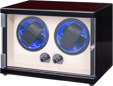 GOCHIFIX Double Watch Winder for Automatic Watches, Quiet Japanese Motor with 4 Rotation Modes & Auto-Stop, Blue LED Illuminated, Dual Power Supply, Luxury Watch Box Gift for Man/Womans Watches