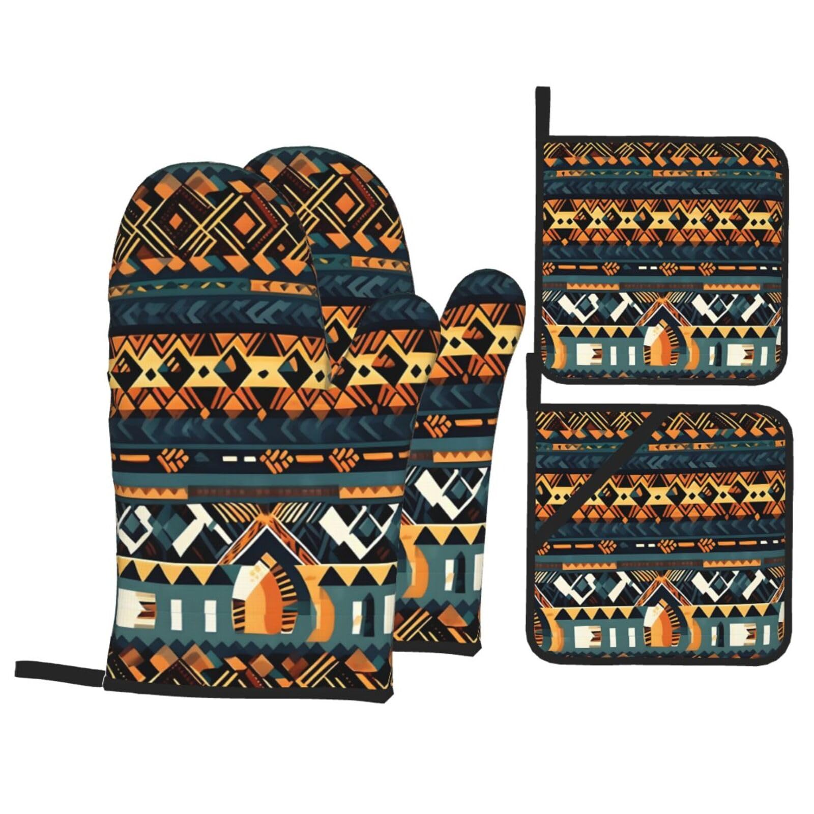 WHJSHOP African Tribal Ethnic Texture Prints Kitchen Layers: Waterproof Oven Covers for Safe Handling & Easy Cleanup – 4 Piece Heat Protection Bundle
