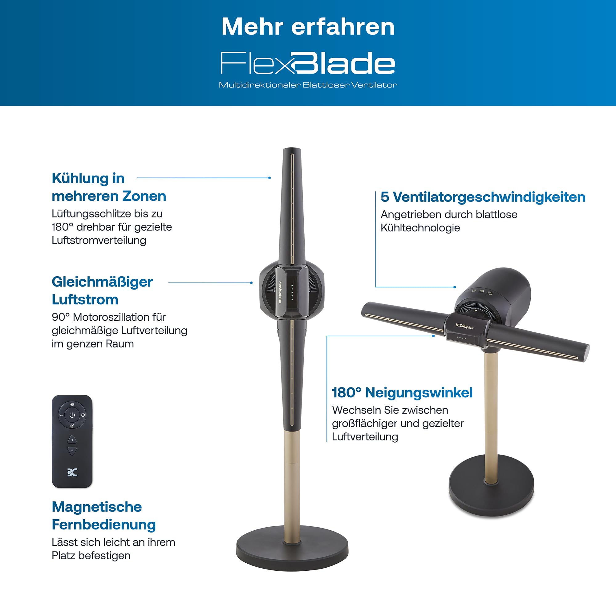 DIMPLEX FlexBlade Flügelloser Standventilator, Zwei-Wege-Kühlung 2×180°, Oszillierend 90°, 20m Reichweite, 36dB, Magnetische Fernbedienung, 5 Geschwindigkeitsstufen