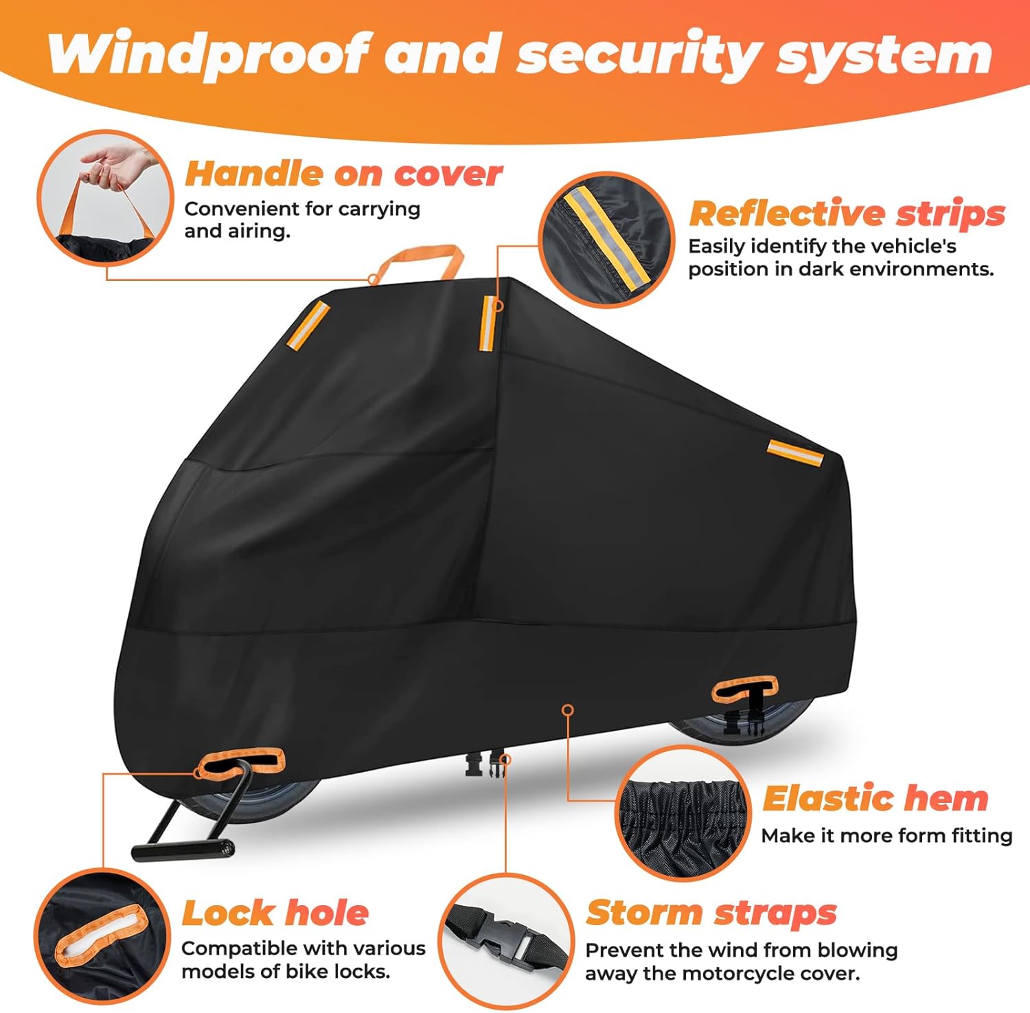 Motorcycle Cover Waterproof: Durable Heavy Duty Motorcycle Cover with Windproof and Security System - Fits up to 104 Inch Large Motorcycle (300D)