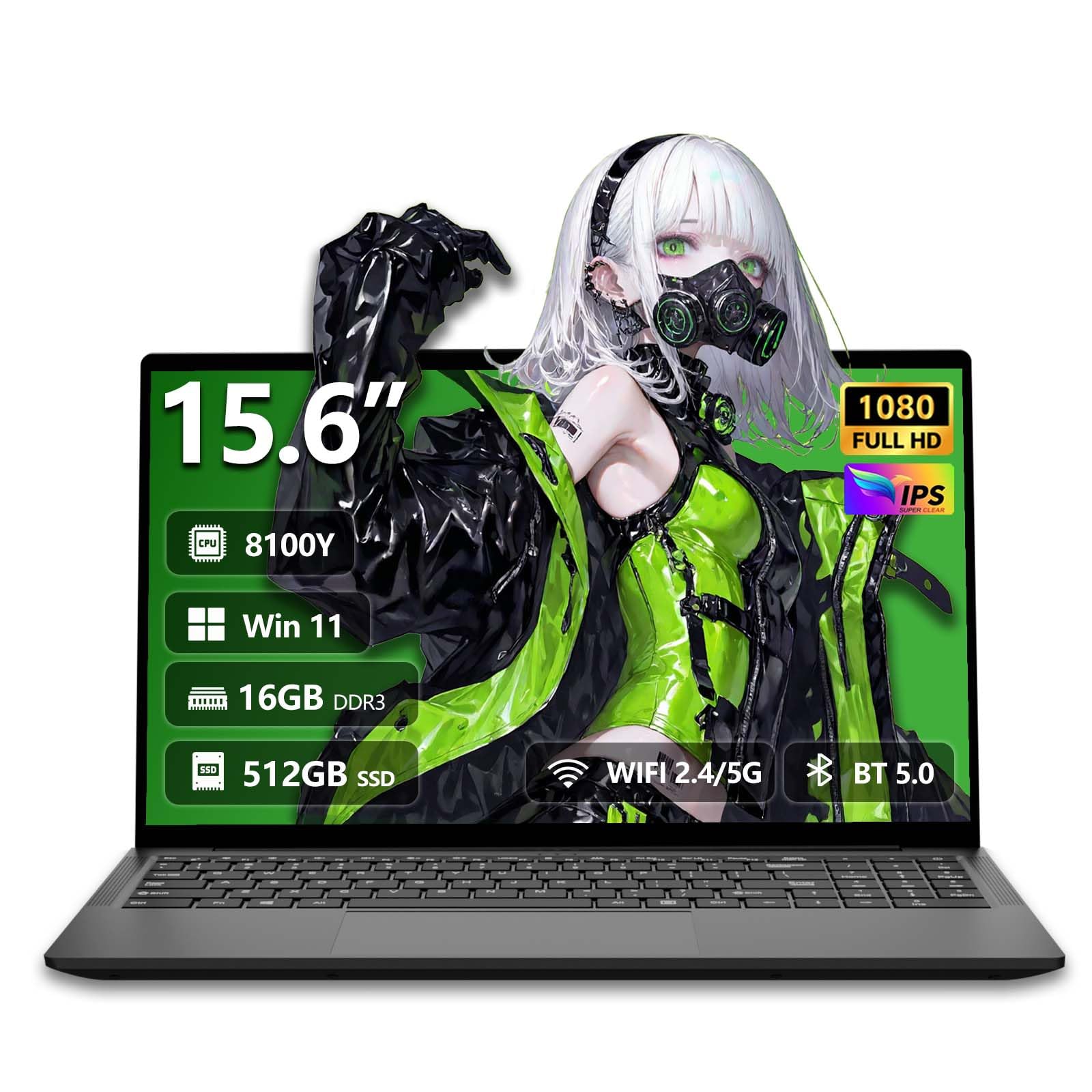 Ordenador Portátil 15,6 Pulgadas con Core i3-8100Y CPU, PC Portátil Win 11 16GB RAM 512GB SSD, Laptop 1920*1080 FHD Pantalla, Computadora Portátil Type-C/Mini-HDMI/USB3.0/TF Card Slot/WIFI5/BT5/Webcam