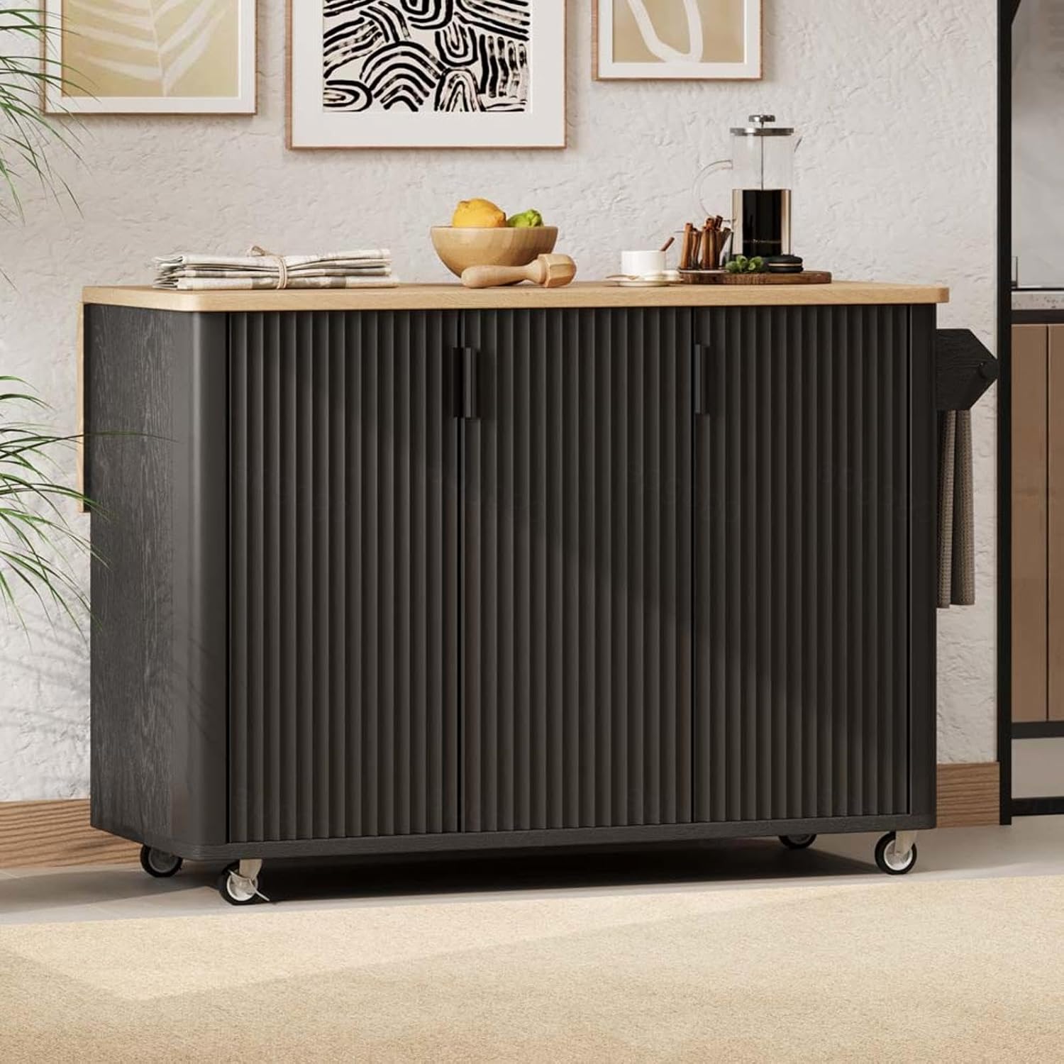 Floating Island Kitchen with Drop Leaf with Storage and Dining Table, Kitchen Island Black with Wheels Towel Rack, for Kitchen, Dining Room, Black