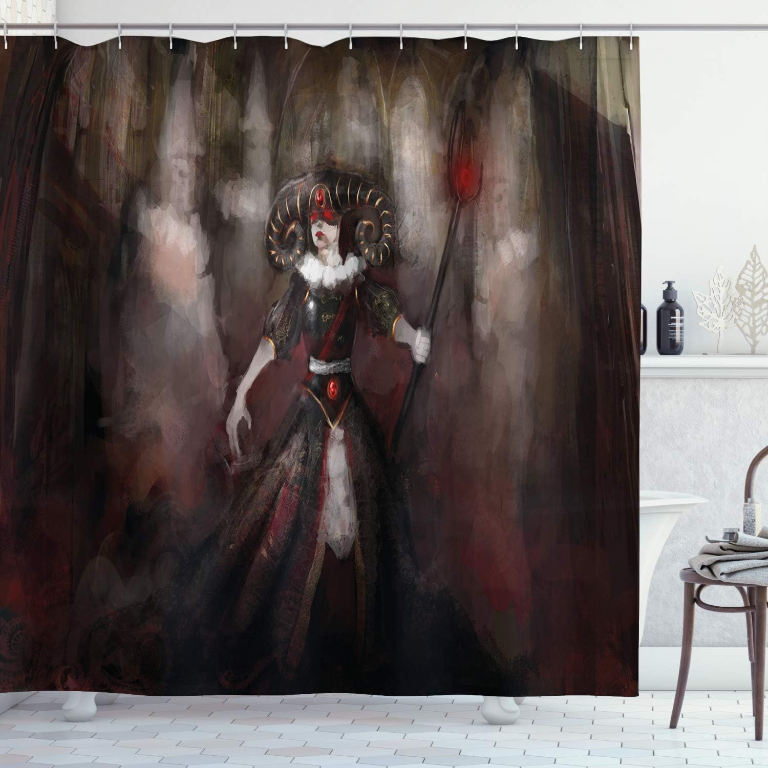 Ambesonne Gothic Shower Curtain, Medieval Evil Woman Horns Witch Myth Fantasy Old Fashion Scary Watercolor, Cloth Fabric Bathroom Decor Set with Hooks, 69" W x 70" L, Black Grey