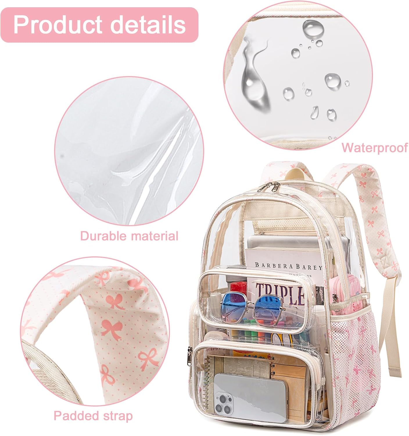 BTOOP Clear Backpack Heavy Duty Transparent Backpack 17" See Through Bookbag for College Work Festival Security with Padded Strap Large Capacity - Image 5