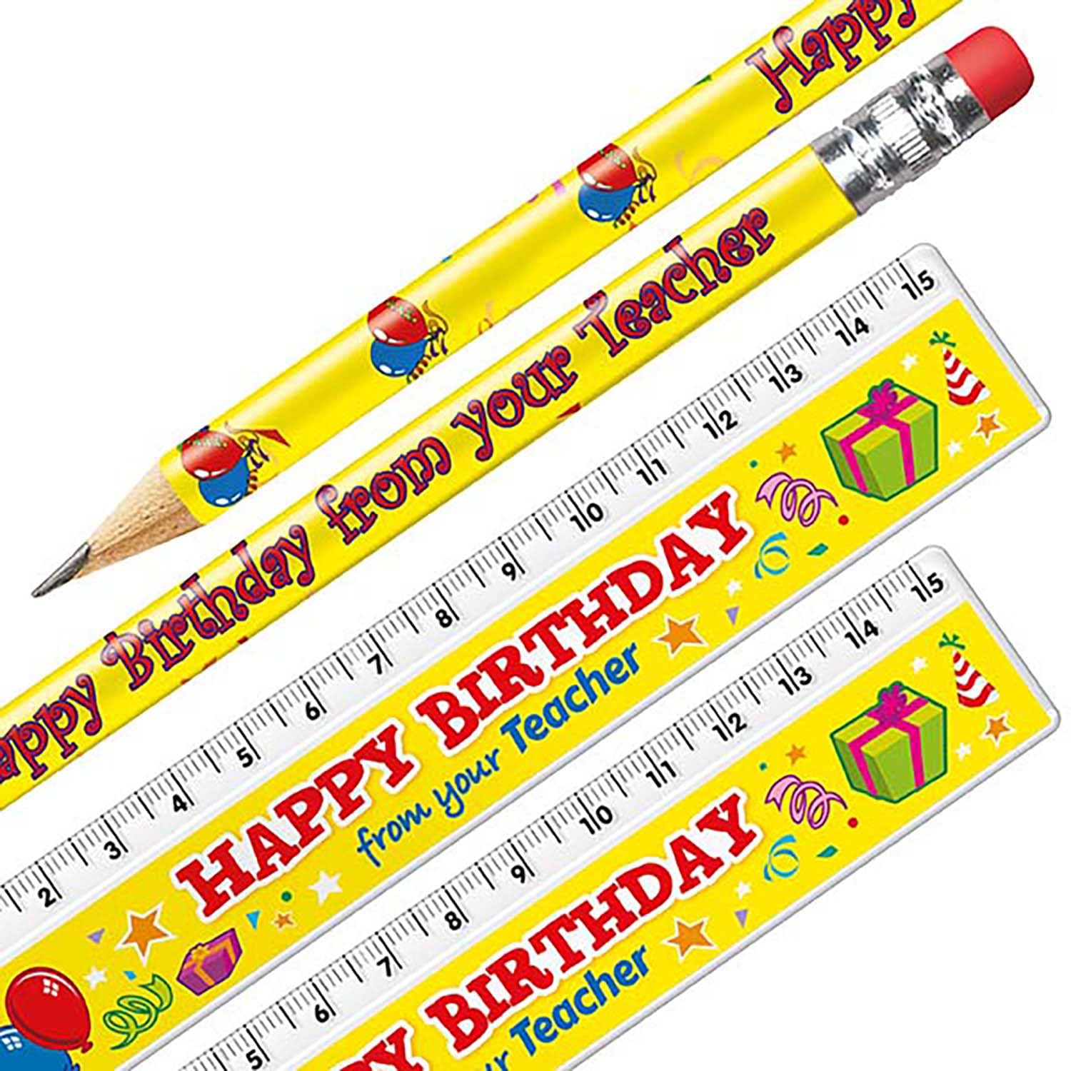 12 Happy Birthday From Your Teacher Rulers and Pencils Bundle School Reward Resource 15cm Primary Teaching Services