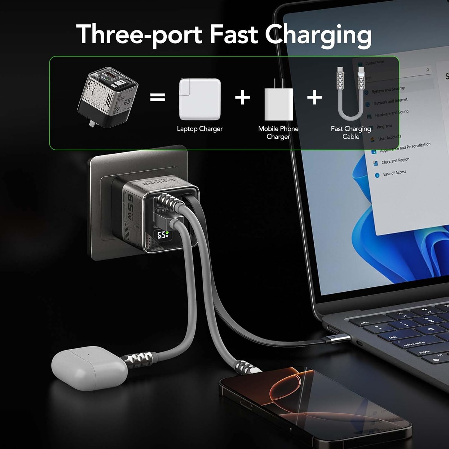 MFish 65W GaN Fast Charger, USB-C & USB-A Wall Charger with 2.6ft Retractable USB-C Cable, Compact Charging for iPhone, iPad, MacBook, Samsung Galaxy & More (Silver)