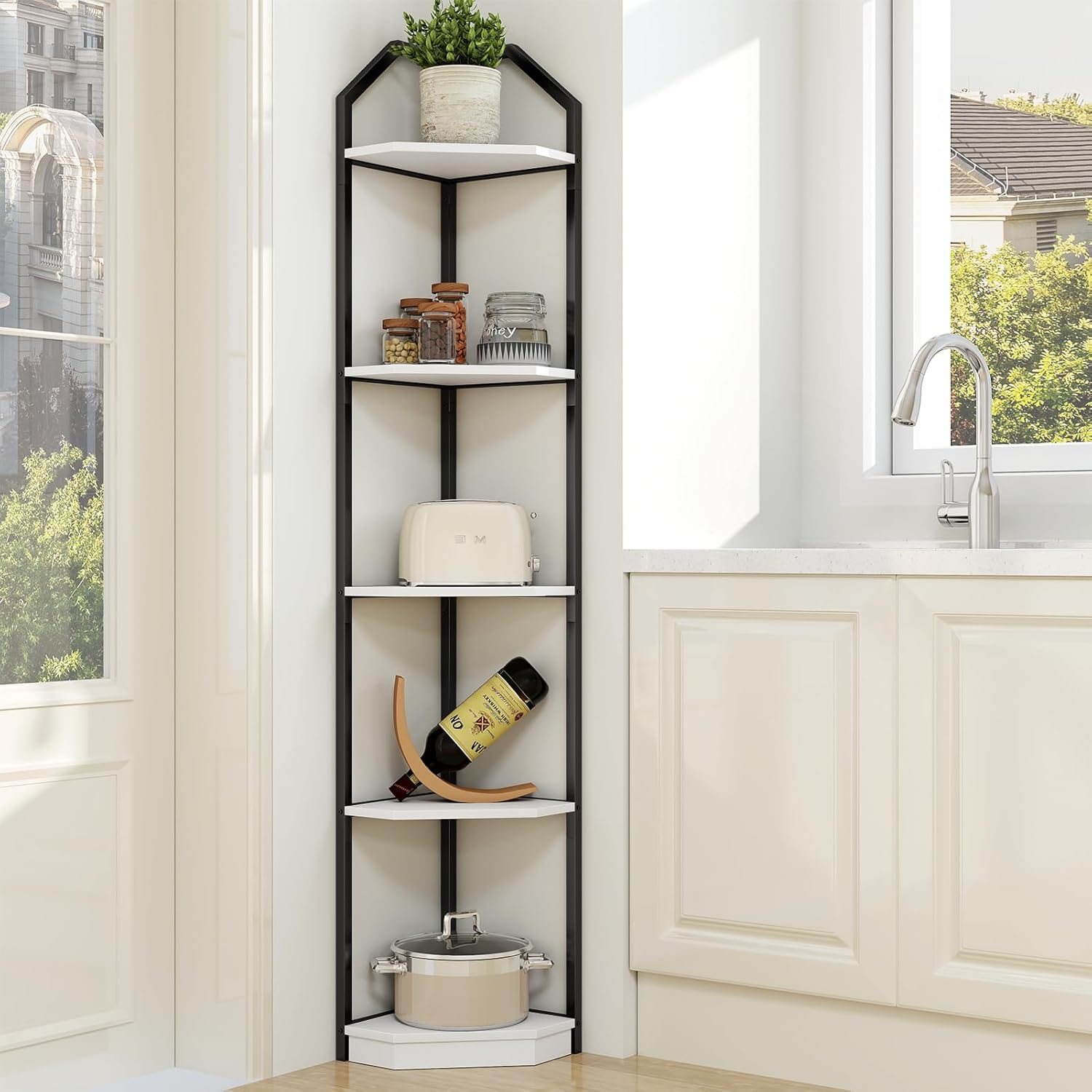 5 Tier Corner Wall Shelf Stand, 70" Metal Corner Shelves Bookshelf Display Shelf for Living Room Decor, Tall Plant Stand Multi Unit Organizer, Standing Shelf for Bedroom,Bathroom,Small Space (White)
