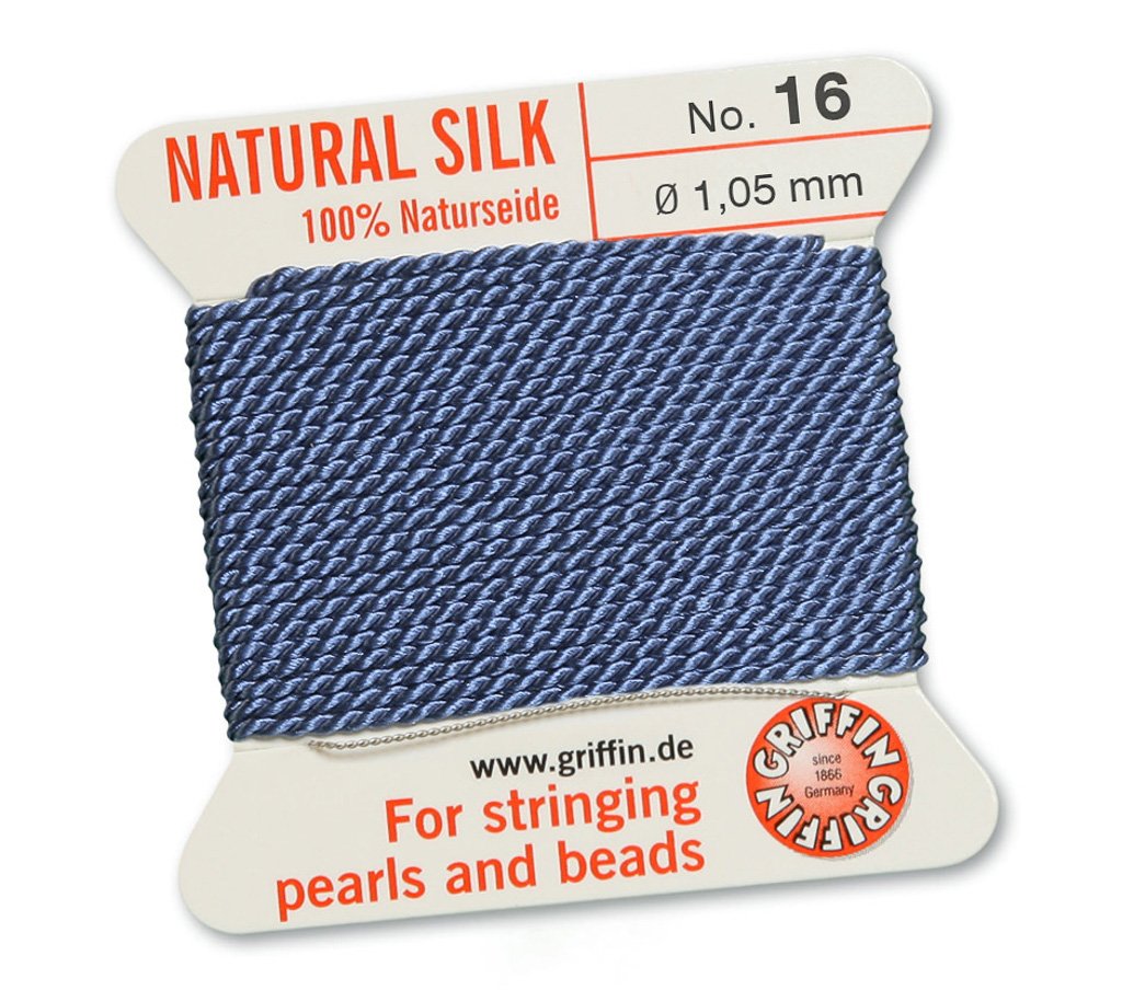 GRIFFIN 100% Natural Silk Beading Cord String Thread - Blue - 2 metres with one needle - Size 1.05mm