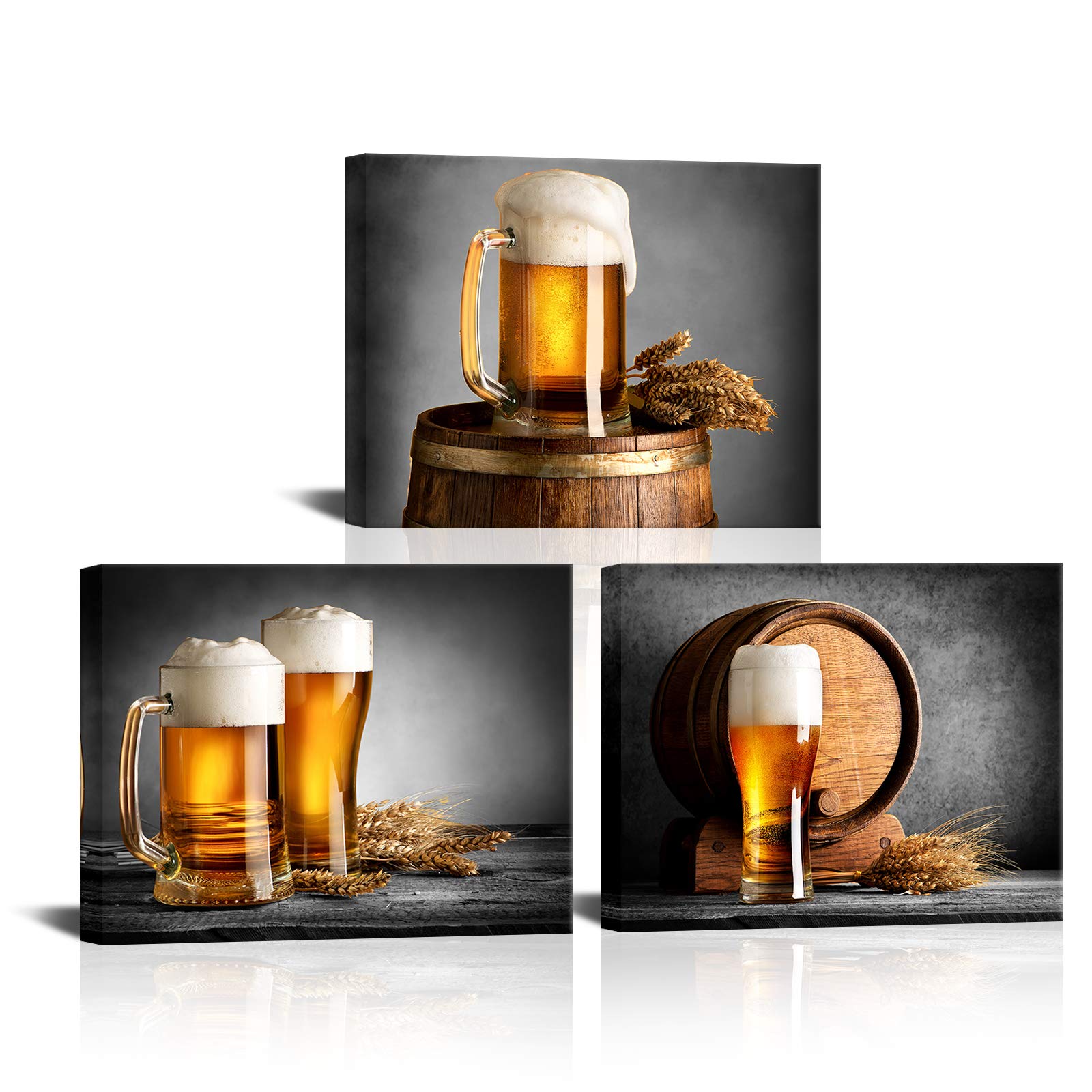 ArtKissMore Black and White Wine Canvas Wall Art Beer Glasses and Barrel Pictures Print Canvas for Kitchen Dining Room Contemporary Home Bar Decor Frame Ready to Hang 12x16inchx3pcs