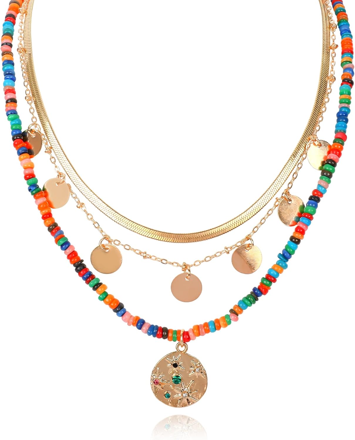 Colorful Beaded Necklace for Women Bohemian Layered Snake Chain Disc Moon Star Hippie Peace Sign Cowboy Hat Boot Horseshoe Natural Stone Choker Necklaces Adjustable Party Summer Jewelry Gift for Women