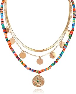 Multilayered Colorful Beaded Necklace for Women with Cute Pendant Bohemian Layered Natural Stone Choker Necklace Charm Stand Statement Necklace Adjustable Boho Party Summer Beach Holiday Jewelry Gift