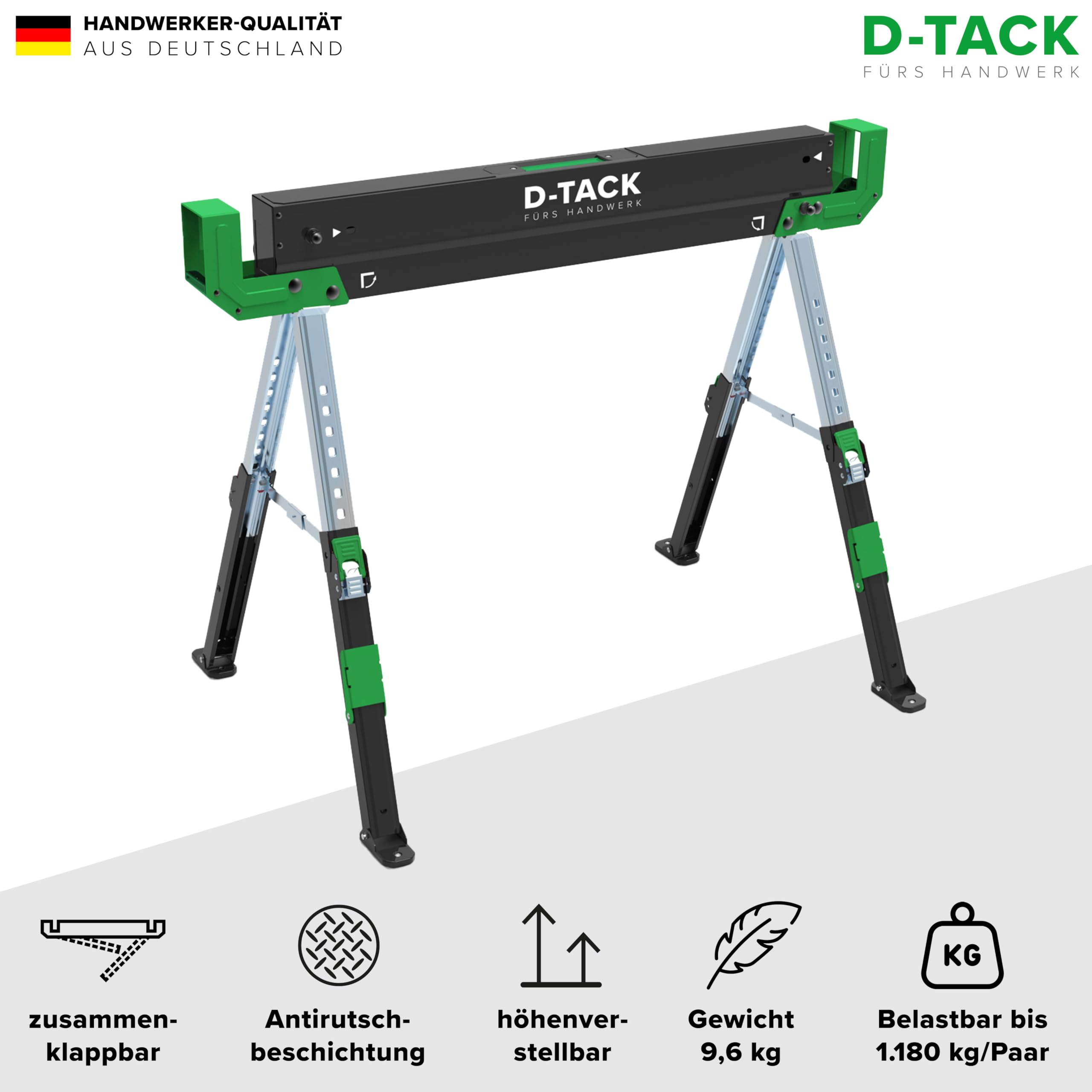 D-TACK 2x Arbeitsbock Multifunktion | Höhenverstellbarer Sägebock | Metallbock mit Anti-Rutsch-Beschichtung | Faltbock mit einer Tragkraft bis zu 1180 kg pro Paar
