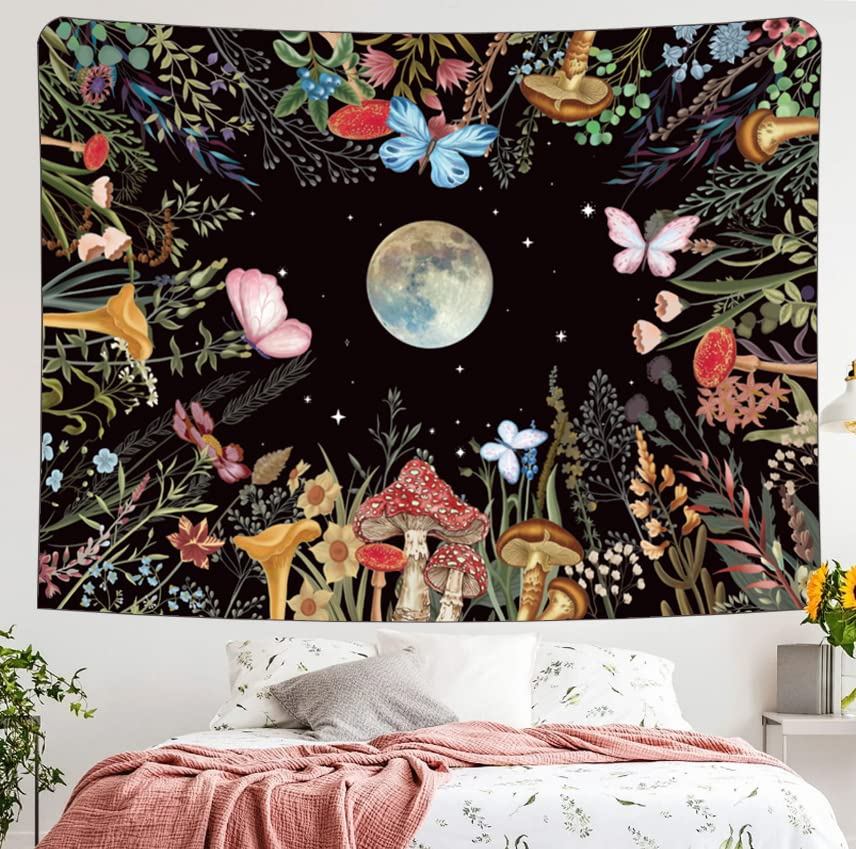 Simpkeely Arazzo da giardino con luna e funghi, da appendere alla parete, motivo floreale, con farfalle, per camera da letto, dormitorio, soggiorno, 149,9 x 129,5 cm