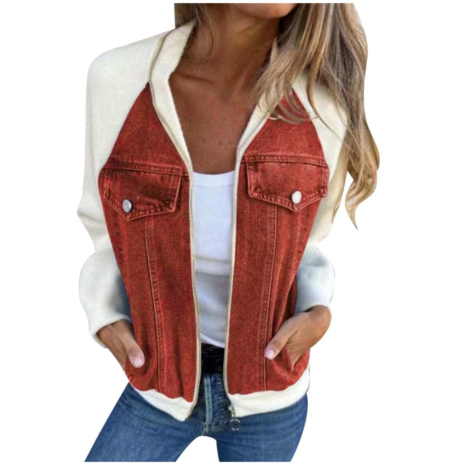 Veste en denim patchwork style décontracté pour sorties automnales - 8