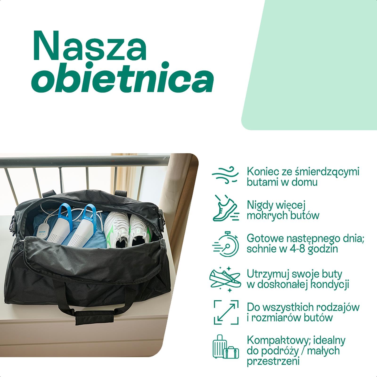 Shoefresh Opod Mini Elektryczna Suszarka do Butów, USB-C, Przenośna, Timer | Ciepłe powietrze 40°C, Timer 4 lub 8 godz., Dezodoryzacja obuwia, Piłkarskie, sneakers, rękawice i buty narciarskie