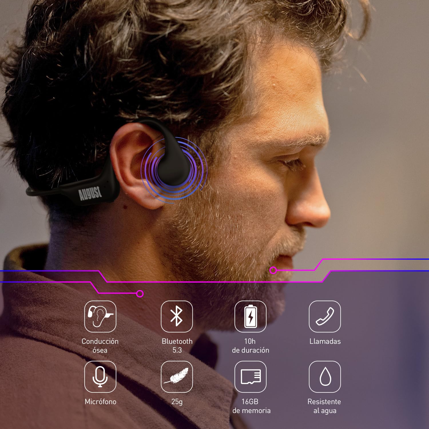 August EP400 Auriculares de Conducción Ósea Bluetooth 5.3, MP3 16 GB, IP68