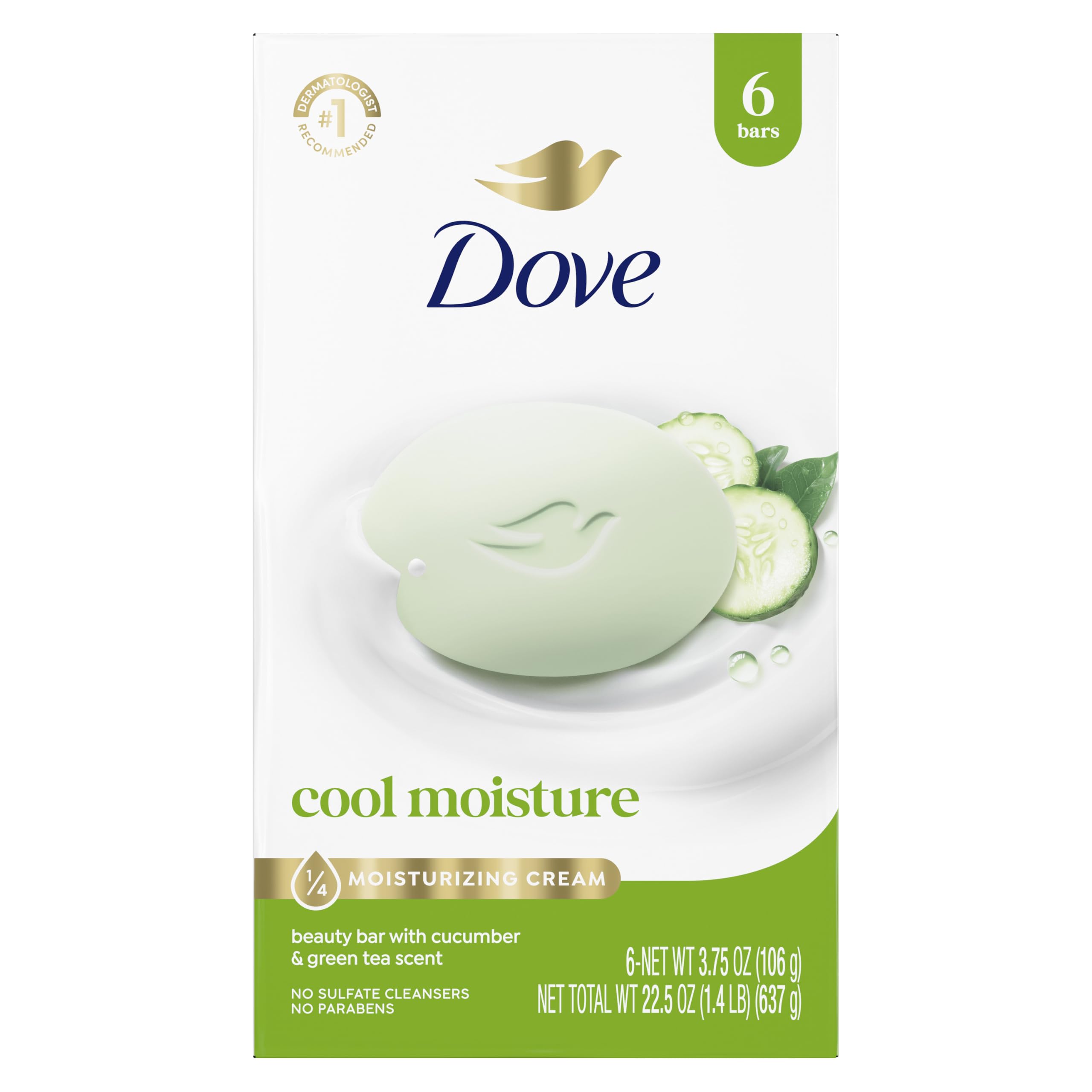Dove Beauty Bar Soap Cool Moisture Cucumber & Green Tea Scent, 3.75 oz 6 Bars