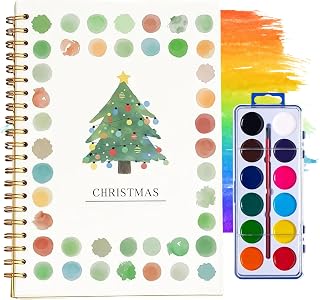 Water Color Workbook, Beginner-Friendly Watercolor Workbook, Easy Nature Scenes Paint Set Art Crafts for Creative Exploration Gift for Adults Teens, with 12 Colors Paint Set with Paint Brush (Christmas-With palette)