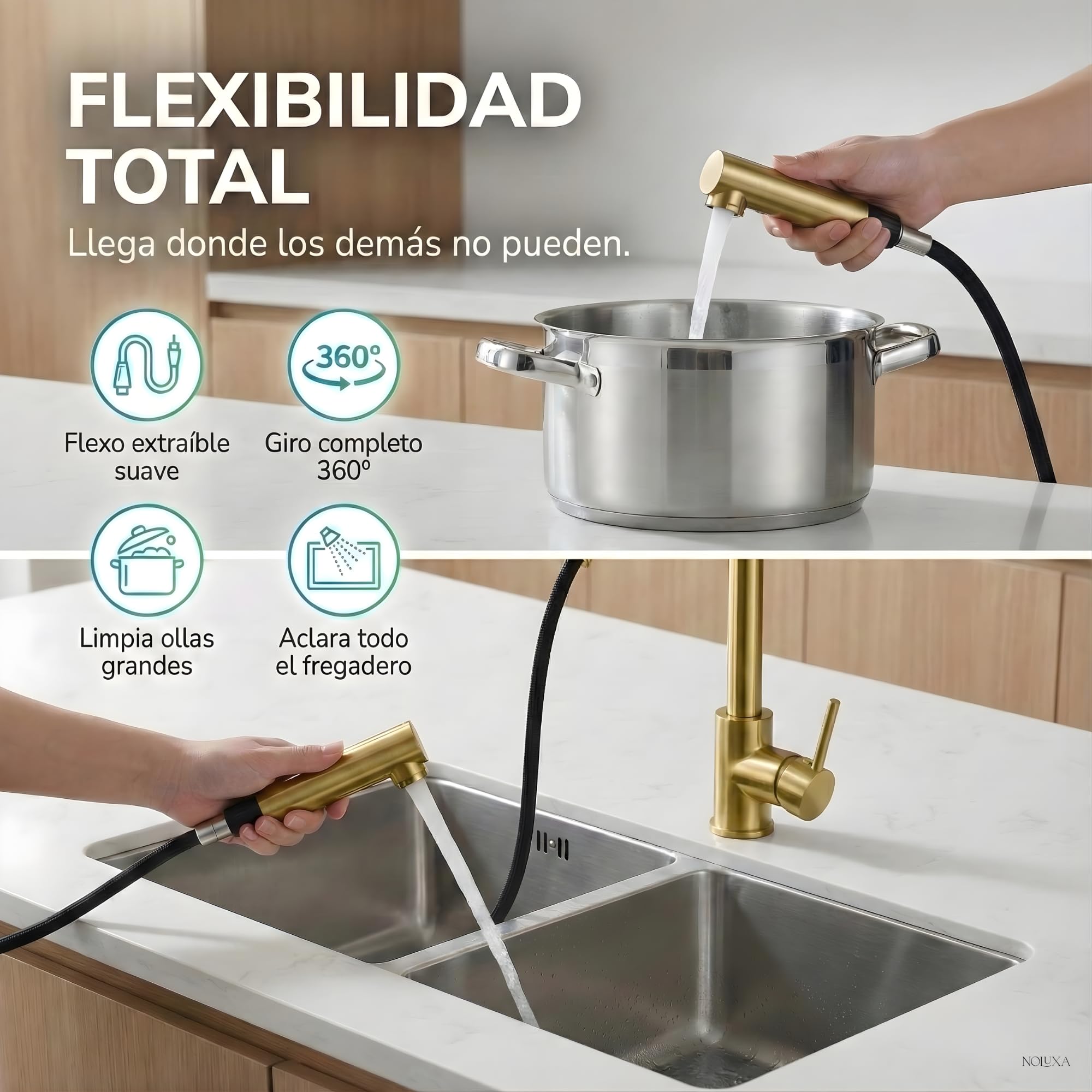 IMEX - Grifo Cocina Dorado Extraíble | Grifo Monomando Fregadero | Griferia Cocina con Ducha Flexible 360º | Grifería en Latón | Serie Malta | Color Oro Cepillado