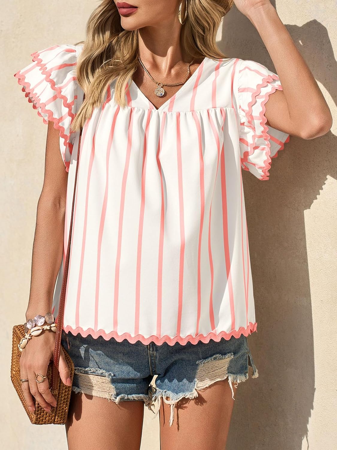 Tankaneo Womens Ruffle Short Sleeve Blouse V Neck Striped Pleated Trim Shirts Summer Casual Loose Fit Tops - Image 5
