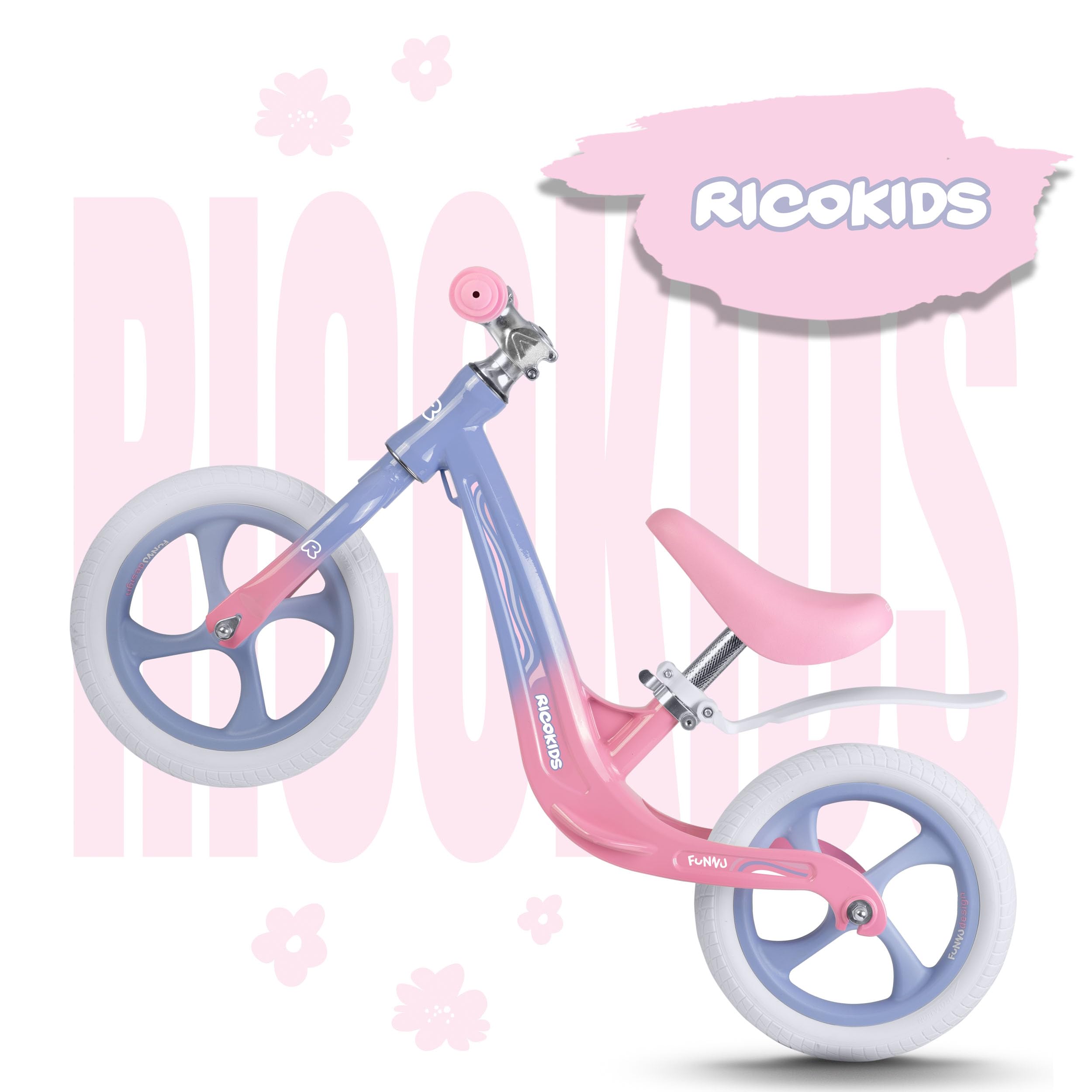 Ricokids Rowerek Biegowy dla Dzieci - Regulowane Siodełko - Opony PU 12'' Odporne na Przebicia - Funnu Niebieski Różowy