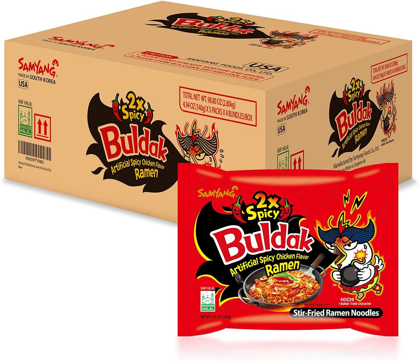 2X Buldak (Korean) Hot Spicy Chicken Stir Fried Ramen 4.94 oz (Pack of 20)