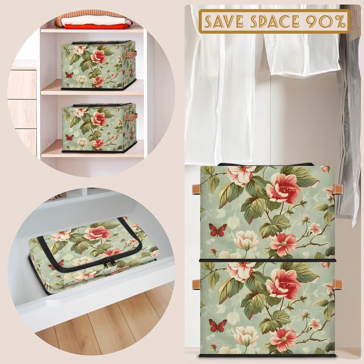 Vintage Flower Butterfly Storage Bins with Zipper Lid 2pcs Stackable Storage Baskets Boxes with Metal Frame Closet Storage Cube Bin Organizer with PU Handles Clothes Storage Bag