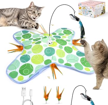 Interactive Cat Toys with Bird, Hide and Seek Cat Toy, 2 in 1 Automatic Moving Concealed Feathers for Indoor Cats, Non-Slip Suction, Touch Activated, USB Rechargeable, Green