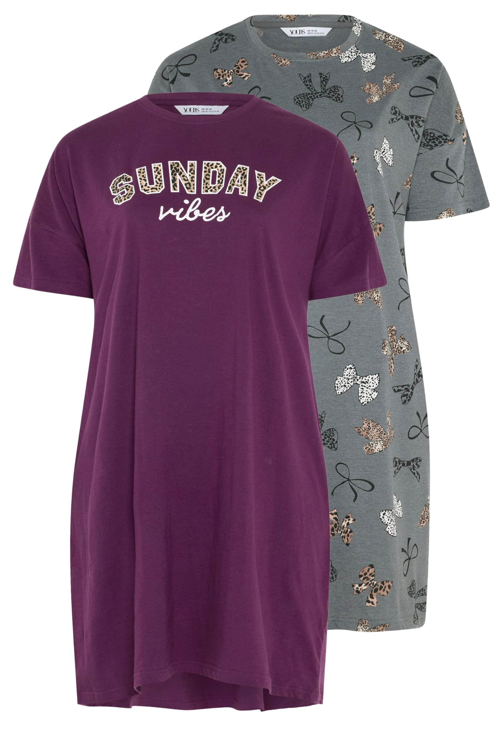 Yours Women's 2 Pack 'Sunday Vibes' Sleep T-Shirt Night in Burgundy | Size: 30-32