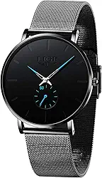 Relógios masculinos ultrafinos analógicos de quartzo, minimalista, de aço inoxidável, pulseira de malha, Preto, azul, 8.07, Negócios