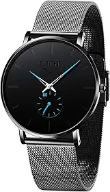 Relógios masculinos ultrafinos analógicos de quartzo, minimalista, de aço inoxidável, pulseira de malha, Preto, azul, 8.07, Negócios