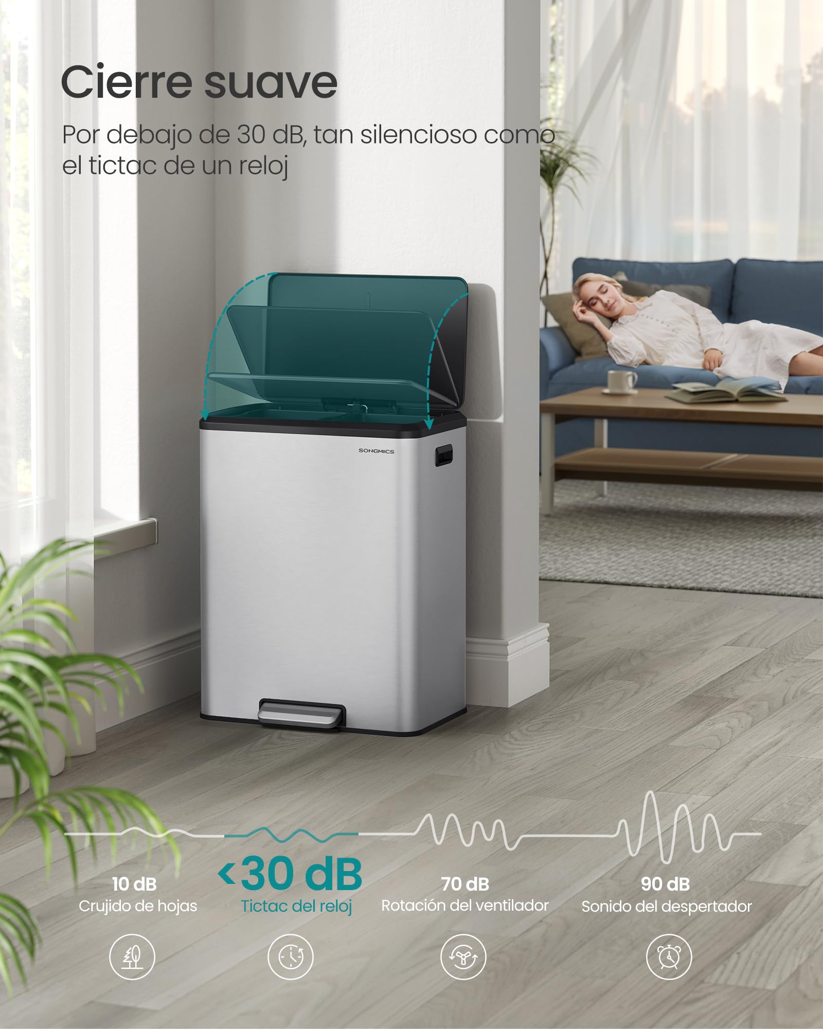 SONGMICS Papelera de Cocina, 2 x 30 L Cubo Doble para Reciclaje y Basura, Cubos Interiores, Acero Inoxidable, Tapa de Cierre Suave, Pedal Ancho y Robusto, Plata Metálico LTB556E01