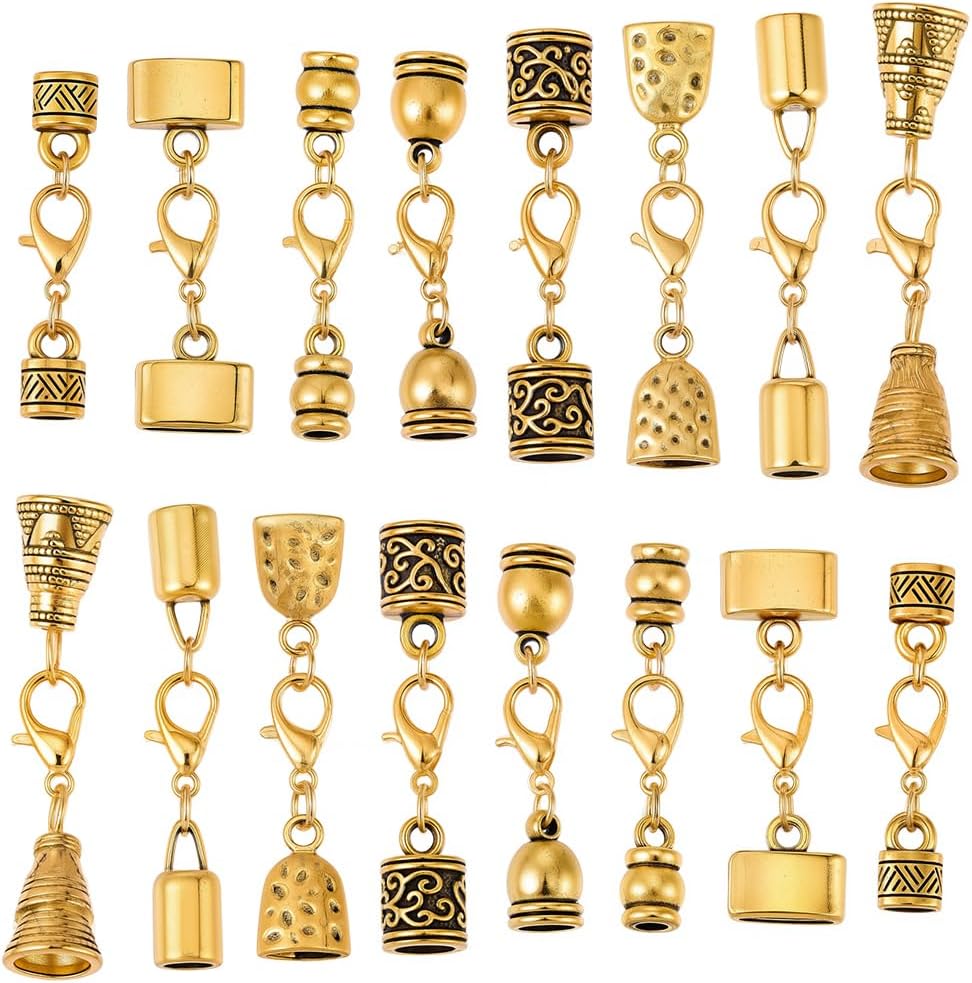 SUNNYCLUE 1 Box 32Pcs 8 Styles Leather Cord End Caps Kumihimo Cord End Caps with Lobster Clasp Alloy Metal Gold Glue in Crimp Column Clasps Findings for Jewelry Making Necklace Bracelets Anklet