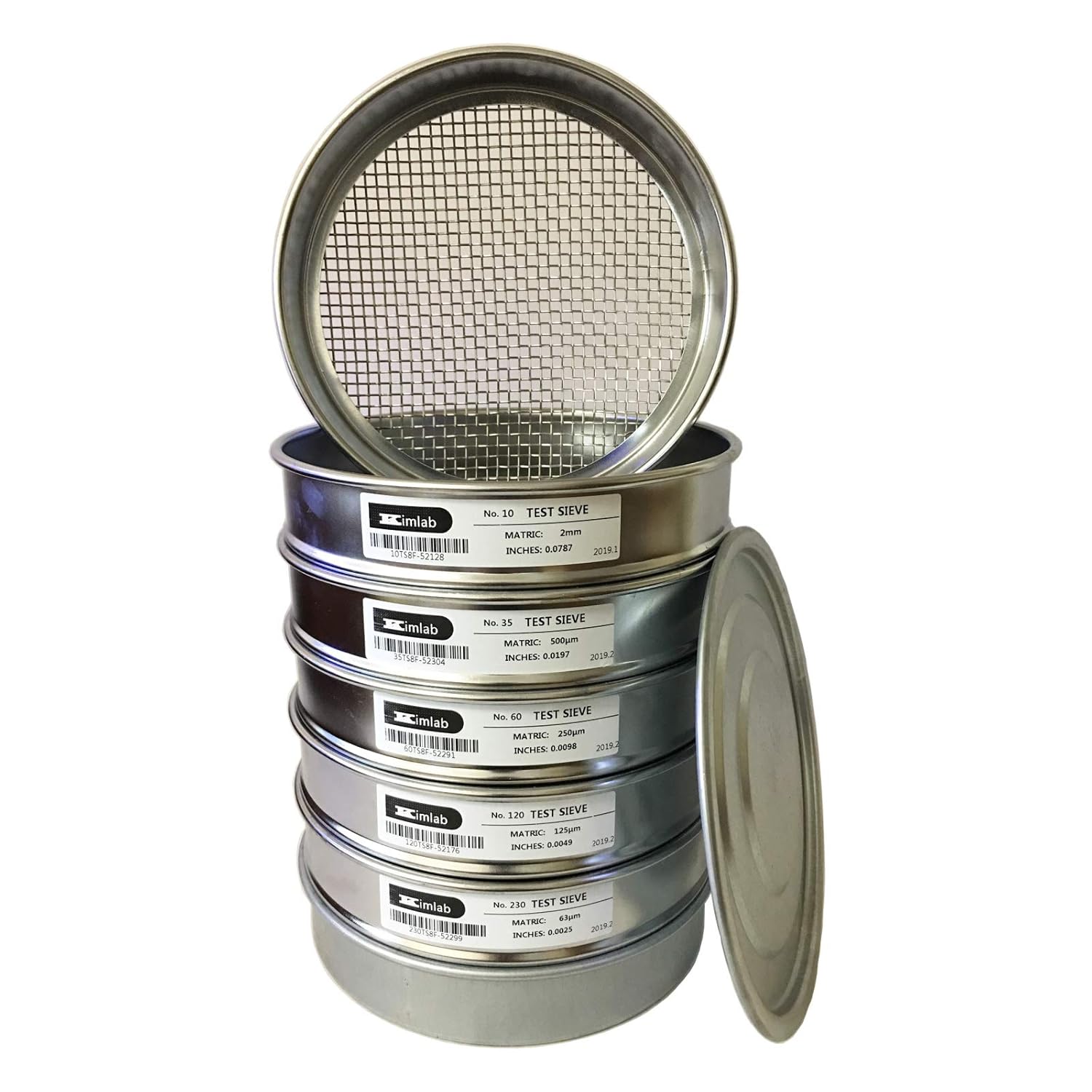 0108TS20 Economy 8 Pcs Test Sieve with Lid and Pan,#5,#10,#35,#60,#120,#230 Mesh Size,304 Stainless Steel Wire Cloth, 8" / 20cm Diameter