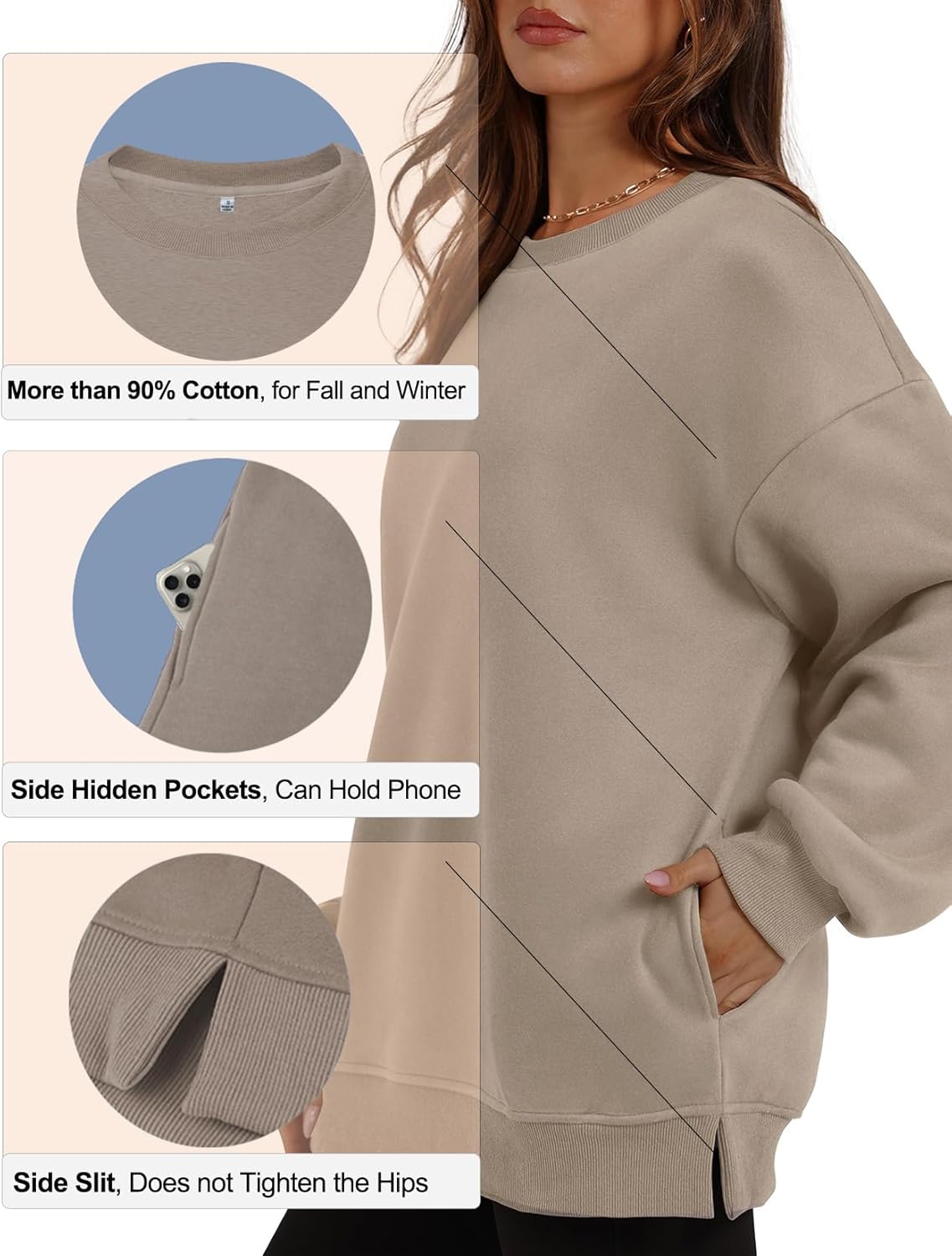 Women‘s Oversized Sweatshirt with Pockets, Cotton Crewneck Pullover, Soft Casual Long Sleeve Loose Fit Top - Image 5