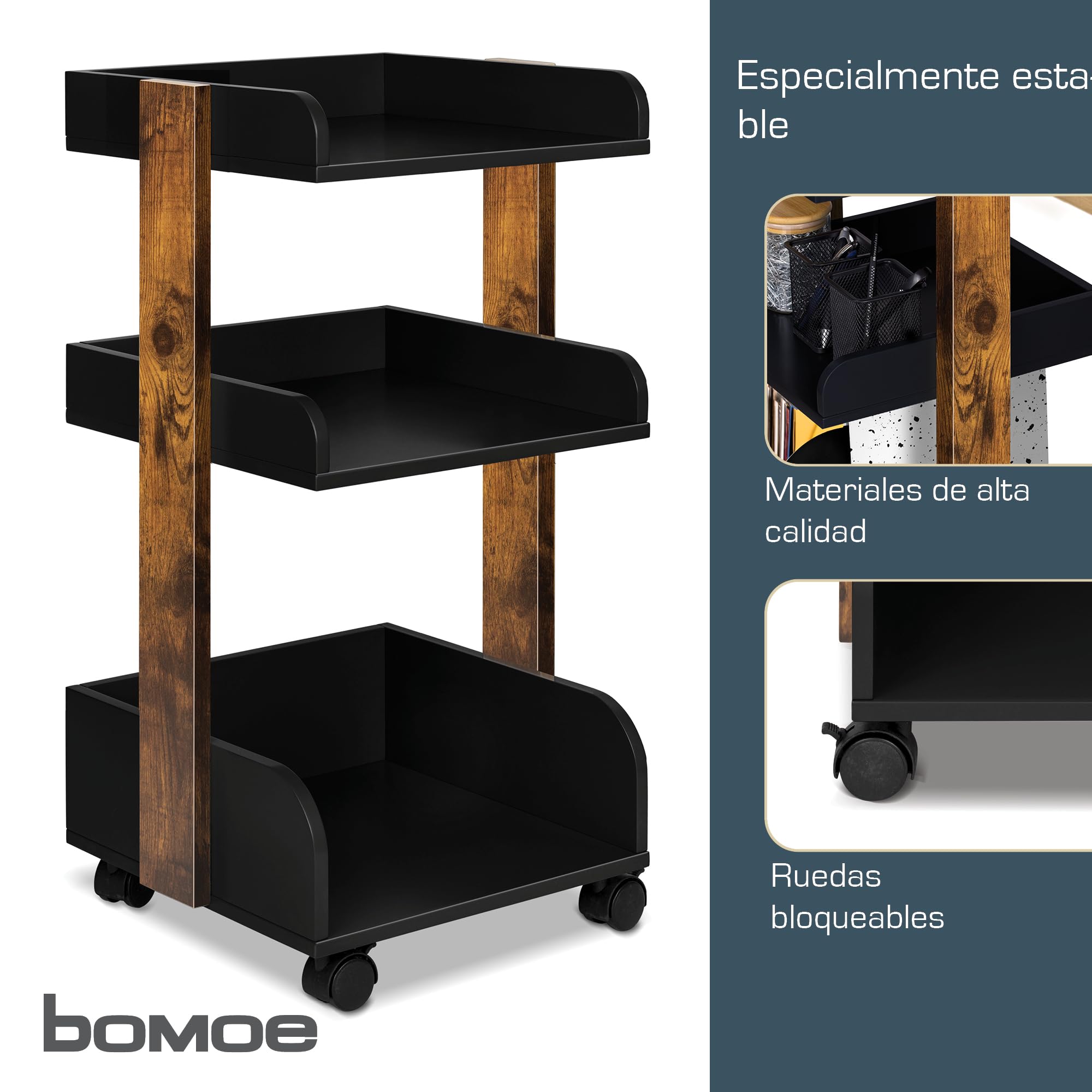 bomoe Carro de Cocina con 4 Ruedas bloqueables y 3 estantes Bosse - Madera FSC® Carro para Servir Carro para Manualidades Mesa Mueble Auxiliar Cocina 32x35x69cm Negro y Marrón