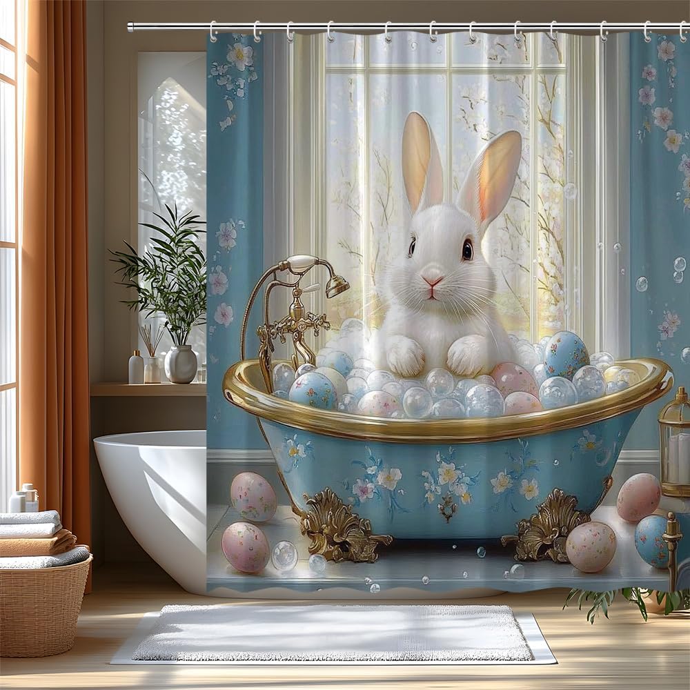 Funny Bunny Take Bath Shower Curtain Cute Rabbit Egg Happy Easter Animal Polyester Bathroom Curtains Set with Hooks 80"x70"