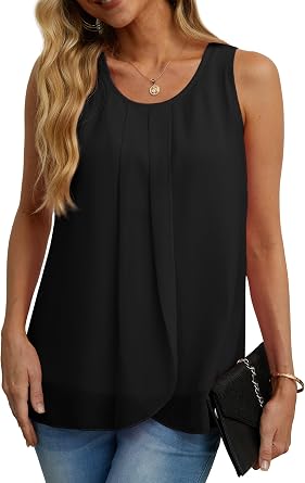 IWOLLENCE Womens Summer Tank Tops Sleeveless Chiffon Double Layers Blouse Loose Round Neck Casual Shirts
