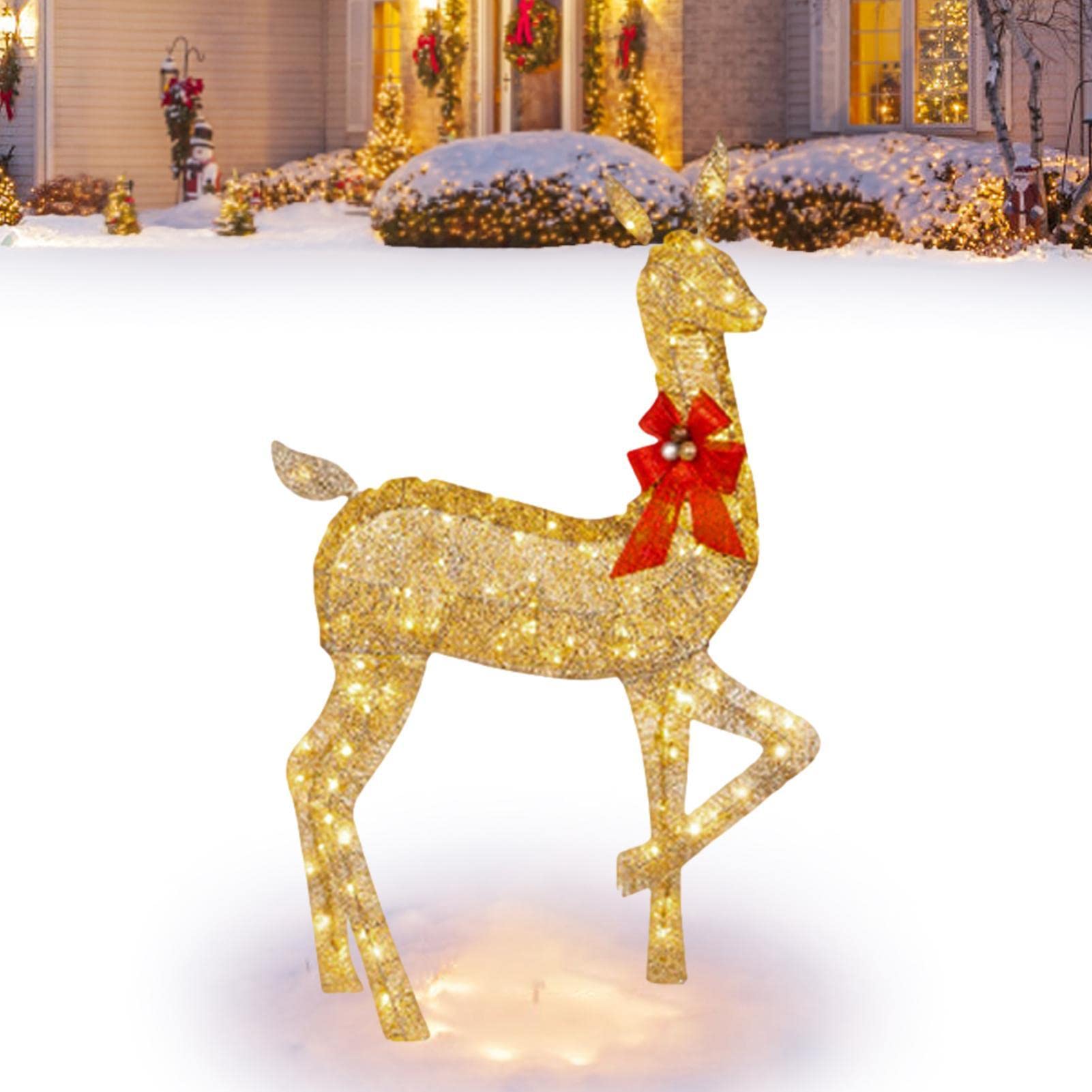 10 Unidades de Ciervos de Navidad iluminados – Decoración para Exteriores de Familia de Renos de Navidad con Luces LED – Luces navideñas de Patio con estaca y Lazo Rojo para jardín | exteriores de familia de de Navidad con luces LED – Luces navideñas de p