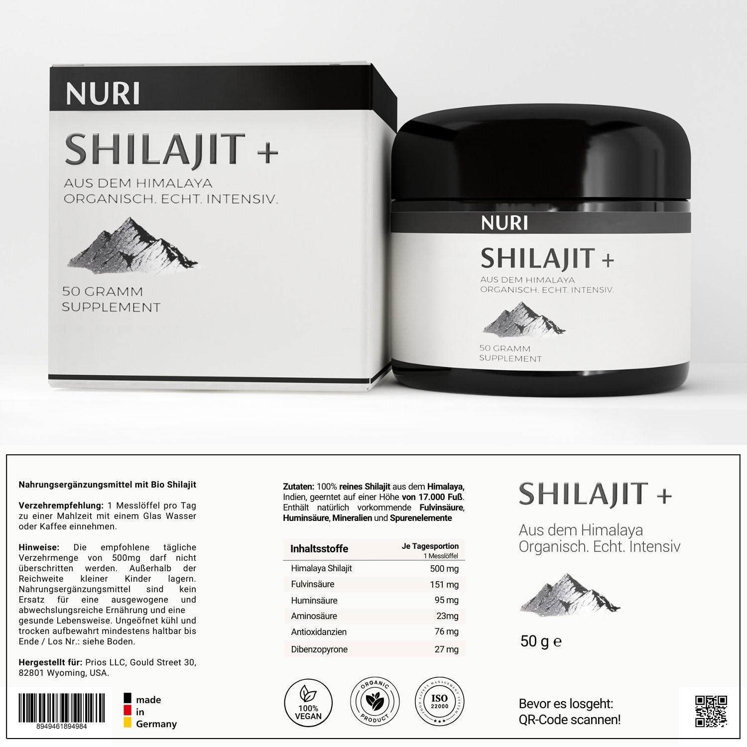 NURI Resina original Shilajit – 50 g de resina pura orgánica del Himalaya – 100 porciones – 89% ácido fúlvico – Vegano, probado en laboratorio y fabricado en Alemania