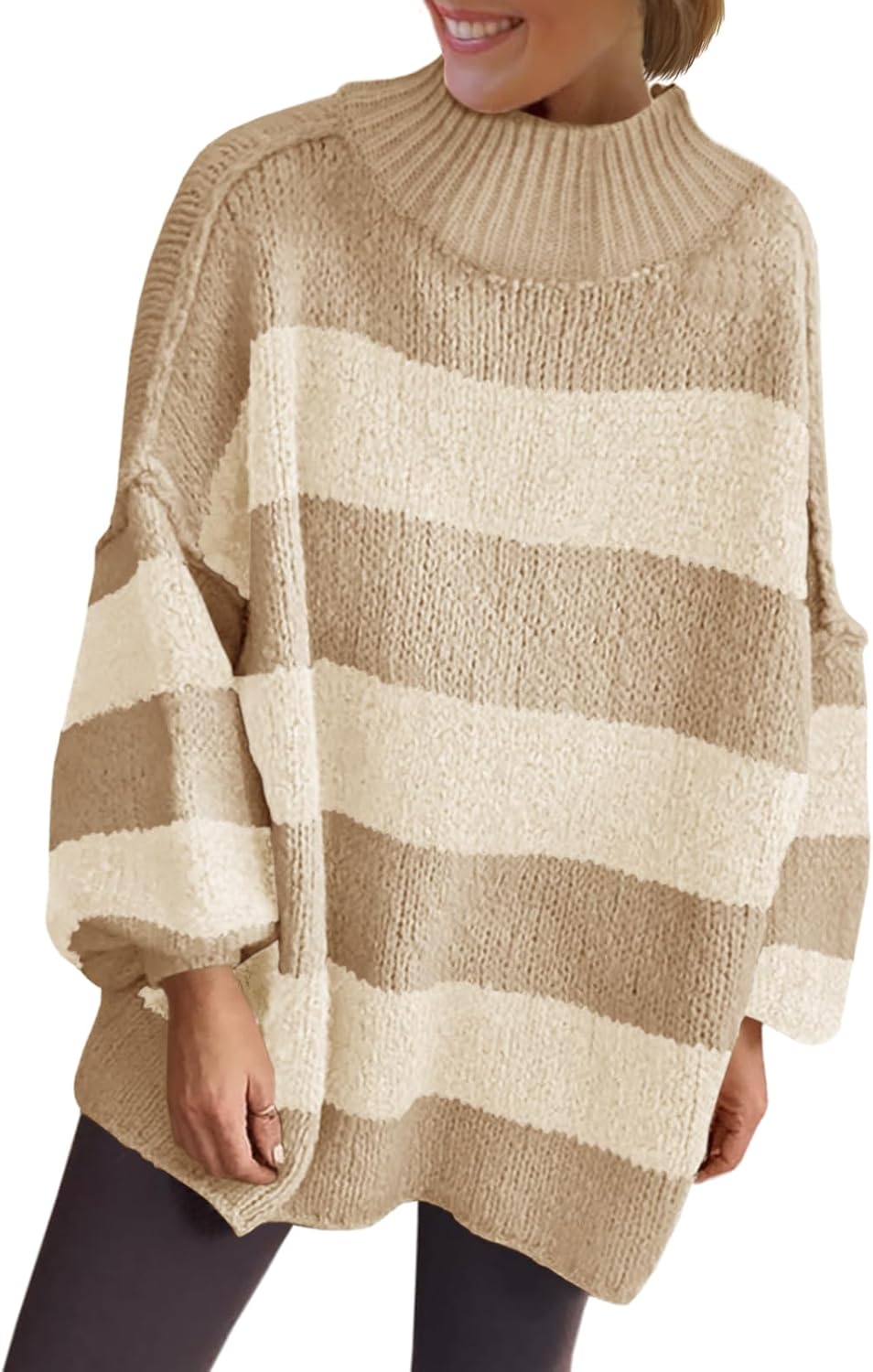 Saodimallsu Womens Oversized Striped Sweater Mock Neck Chunky Knit Lantern Long Sleeve Fall Trendy Tunic Sweaters Top