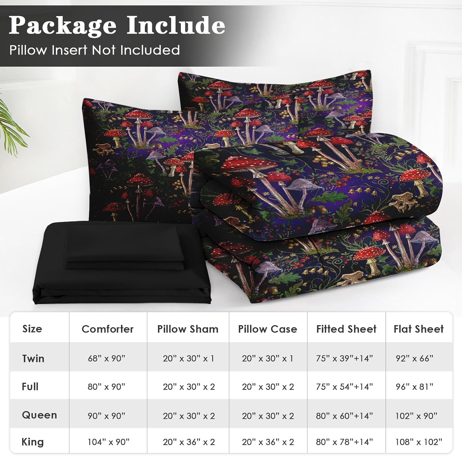 WeCozy Queen Comforter Set with Sheets, 7 Pieces Mushroom Gothic Bedding