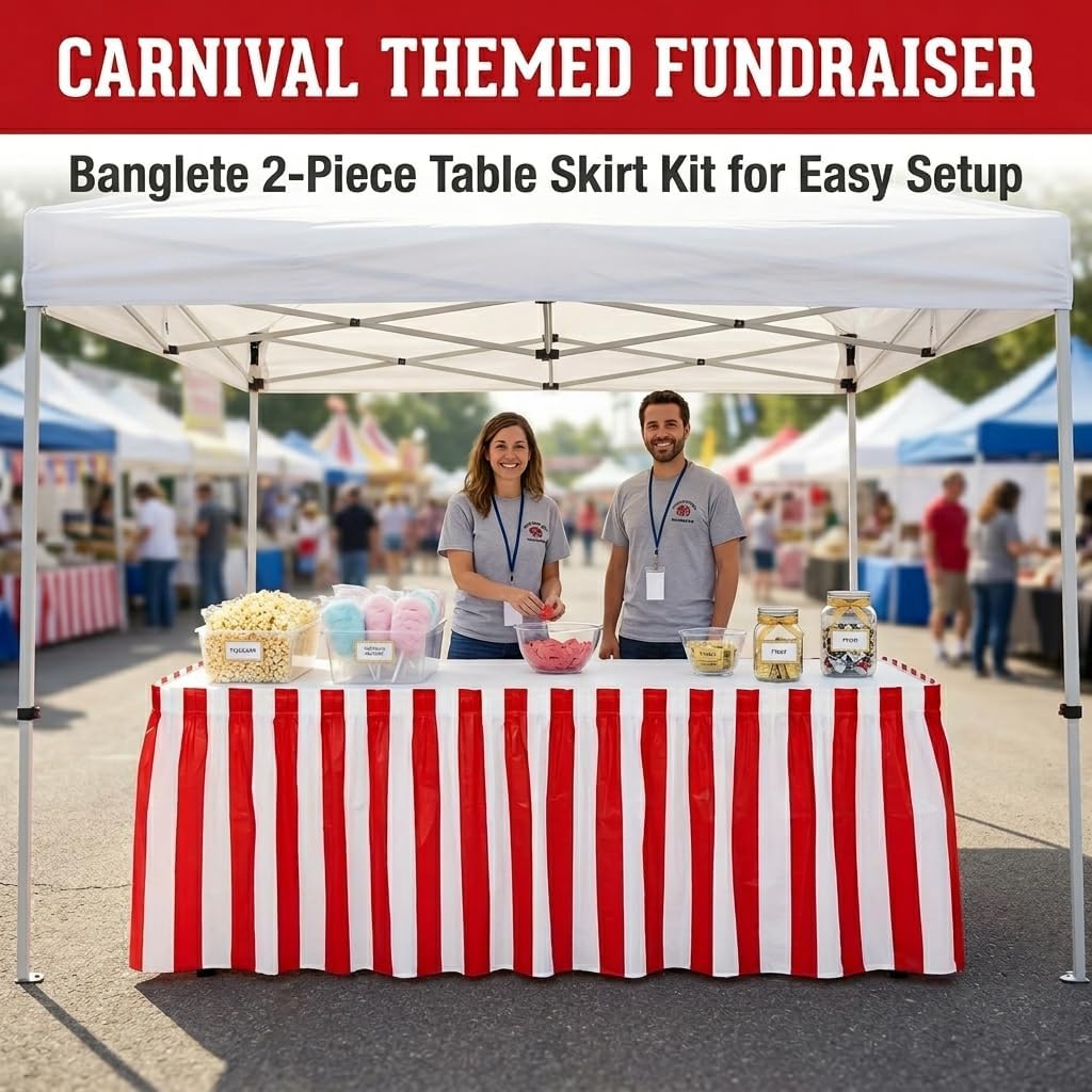 Oojami 2 Pack Red and White Striped Carnival Table Skirt 14 Ft x 29 in