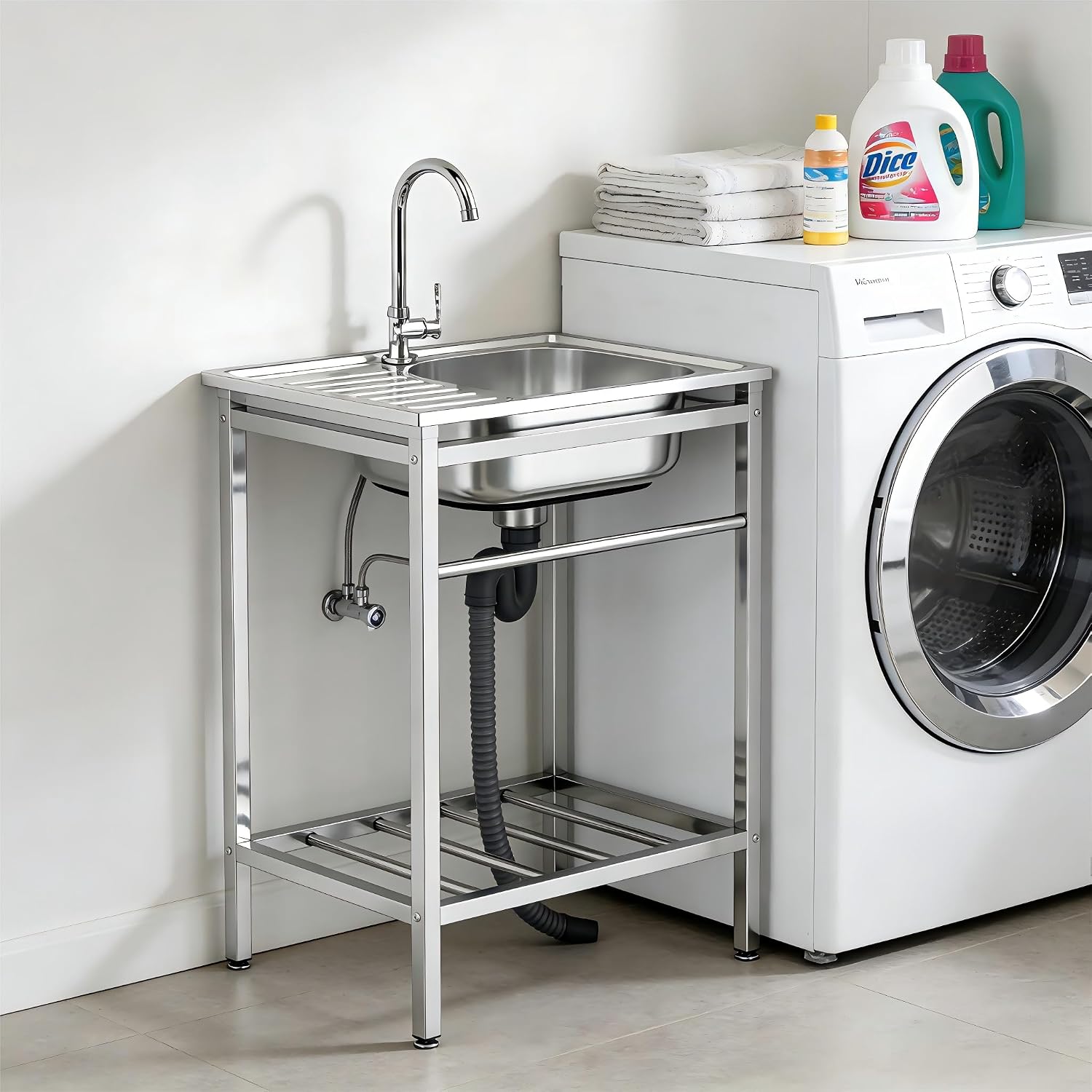 Free Standing Stainless Steel Sink, Single Bowl Washing Hand Basin Station Sink, Portable Utility Sink with Faucet & Shelves for Garage, Kitchen, Backyard Handwashing